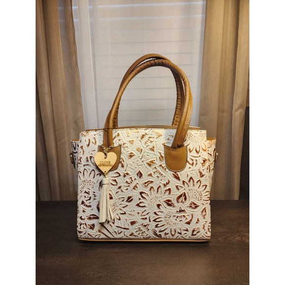 Gold White Sunflower Embossed Tooled Artisan LEATHER Crossbody Handbag Purse - Picture 4 of 15